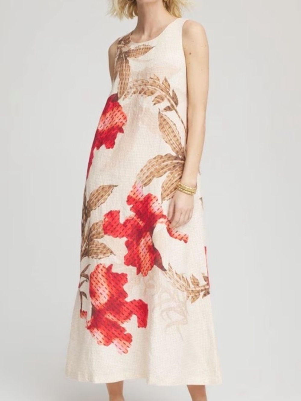 Chico's Cream Maxi Dress with Red Floral Motif